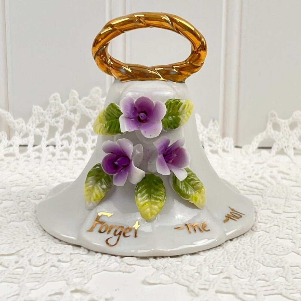 Vintage Enesco 1979 Bell "Forget Me Not" Gold Handle Purple African Violets 2.75
